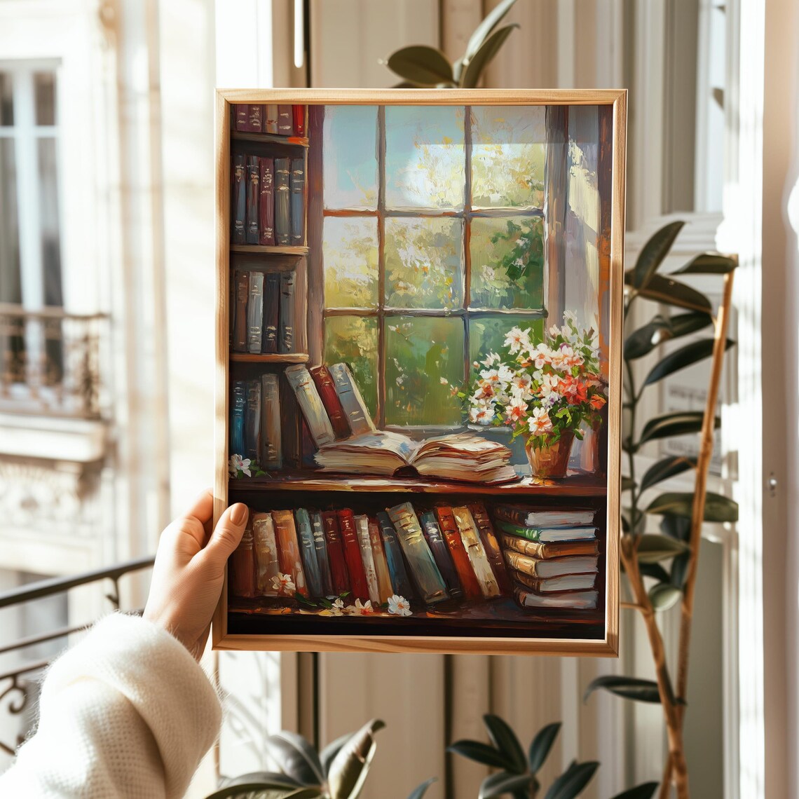 Cozy Vintage Library Art Print, Floral Bookshelf - Image 4