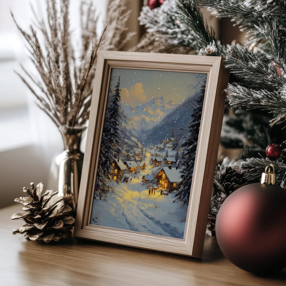 Snowy Village at Dusk with Glowing Cabins Winter Mountain Scene Poster - Image 6