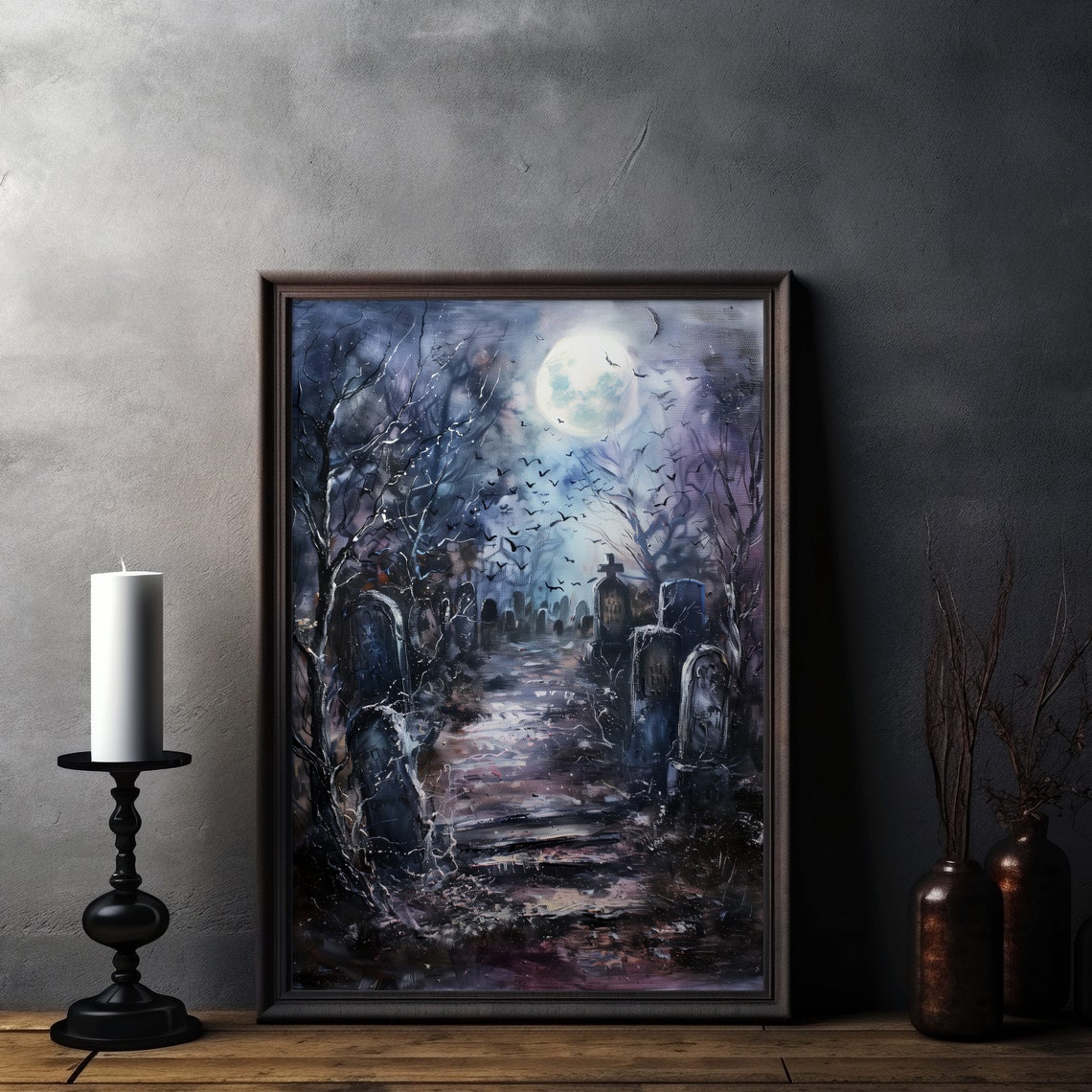 Haunted Cemetery Full Moon Bats Spooky Night Painting Art Poster - Image 6
