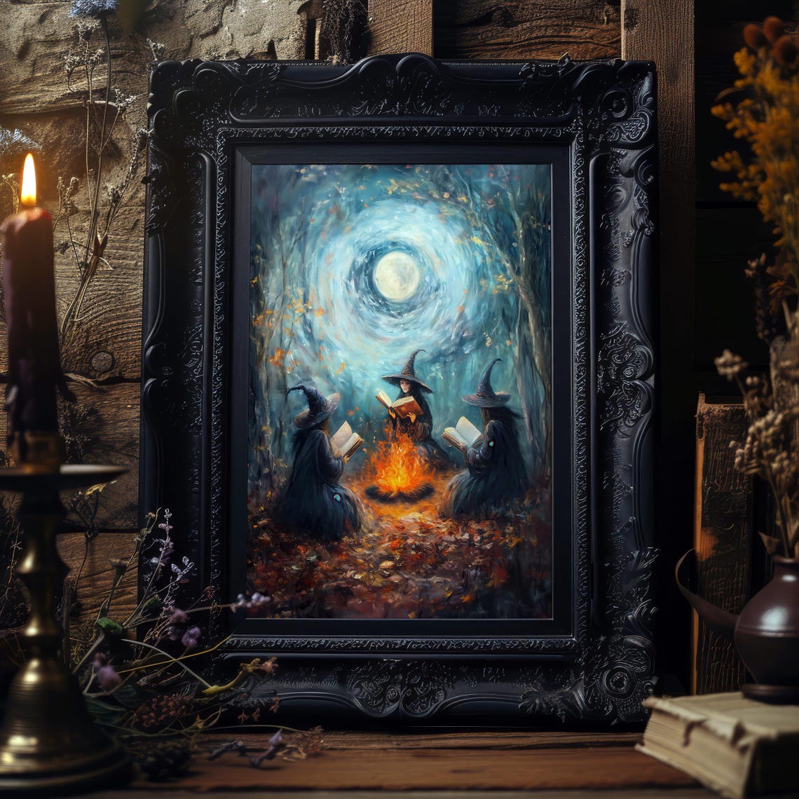 Three Witches Reading by Campfire Moonlit Forest Gothic Poster - Image 2