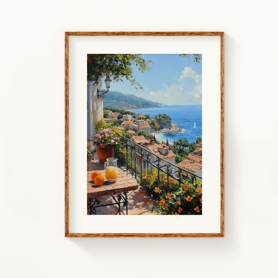 Mediterranean Terrace Sea View Coastal Town Balcony Orange Juice Table Poster - Image 3