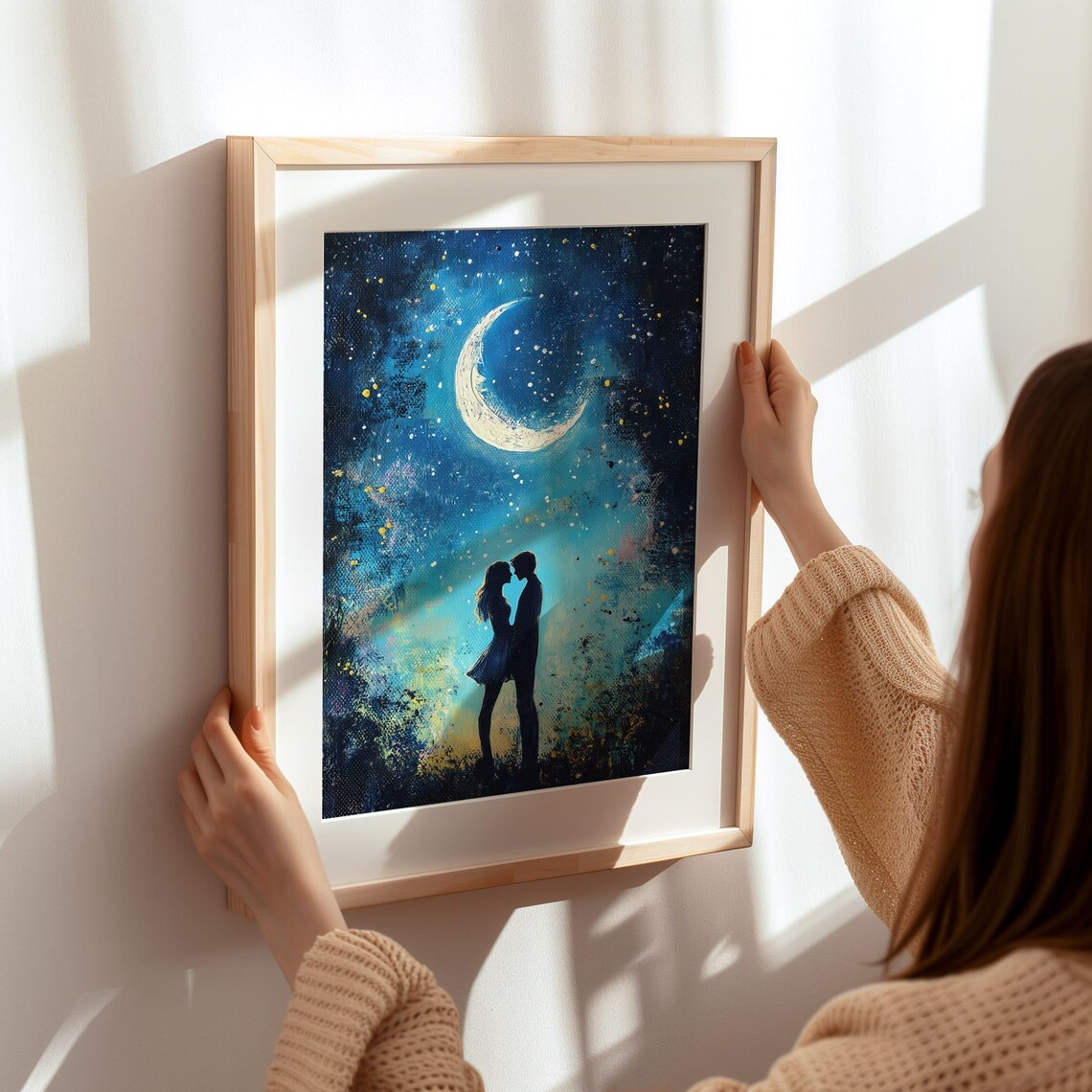 Kissing Couple Silhouette Under Crescent Moon Night Art Poster - Image 3