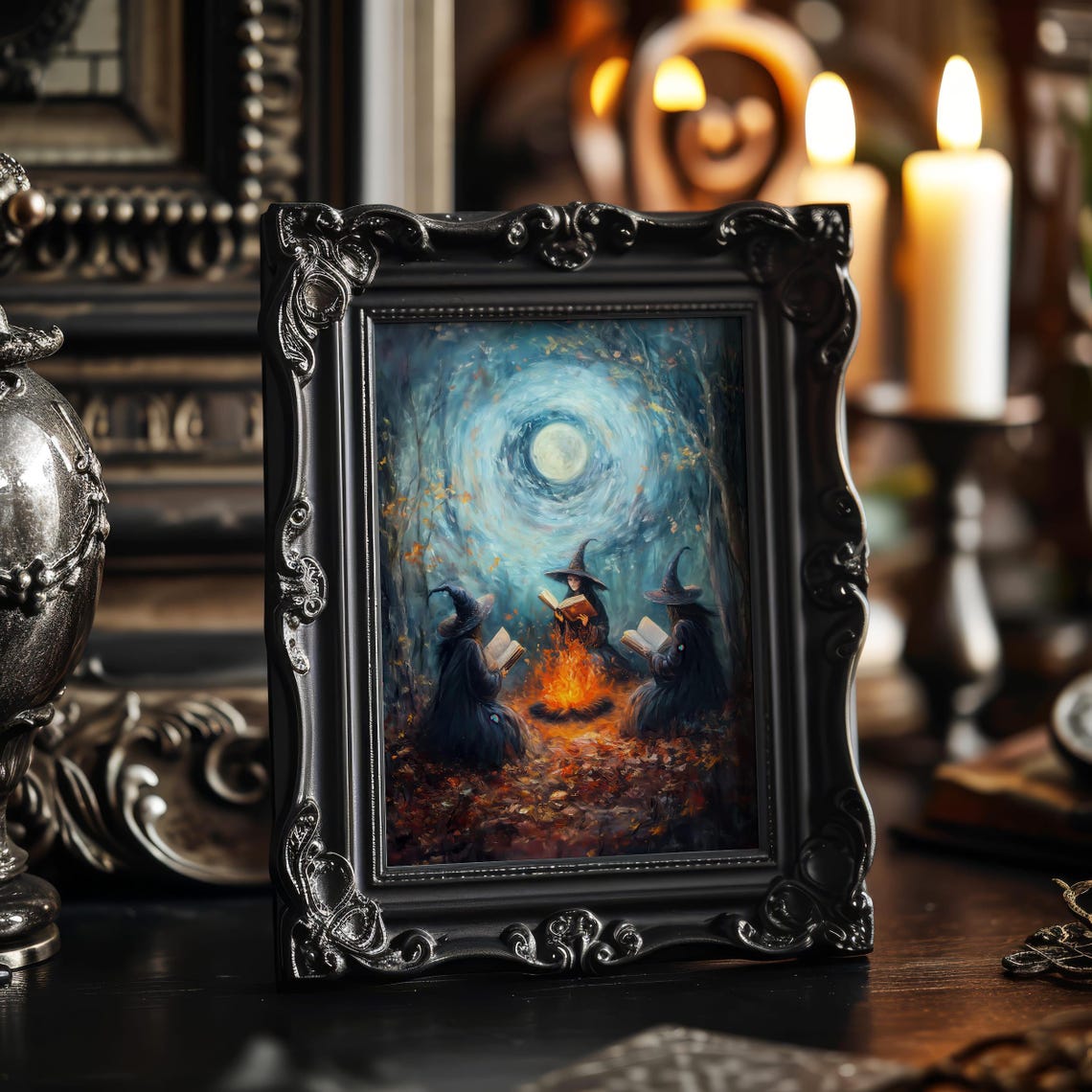 Three Witches Reading by Campfire Moonlit Forest Gothic Poster - Image 5