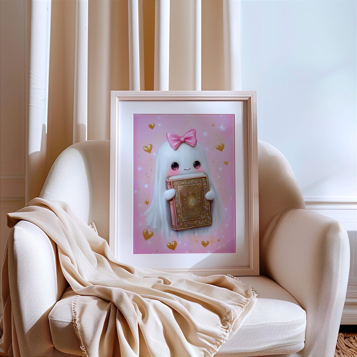 Ghost Book Art Print Pink Halloween Decor Cute Book Lover Art Whimsical Girly Wall Art - Image 3