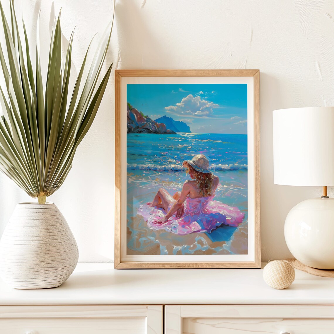 Woman In Pink Dress And Sun Hat At The Beach Coastal Art Poster - Image 8