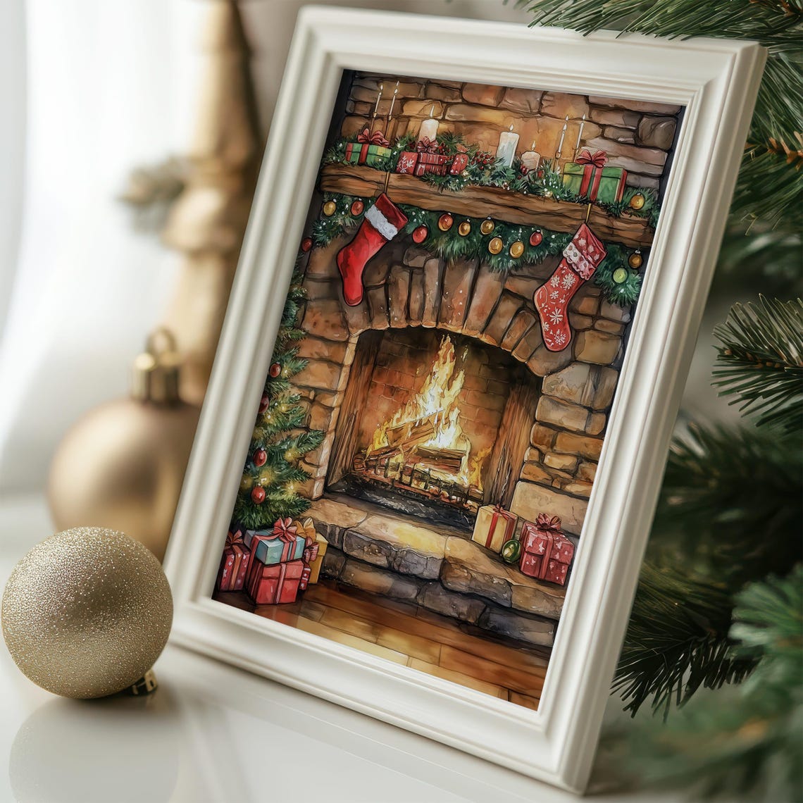 Cozy Christmas Fireplace Stockings Watercolor Holiday Wall Poster - Image 6