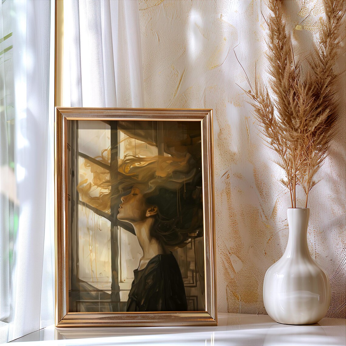 Dreamy Woman Golden Windblown Hair Window Portrait Art Poster - Image 4