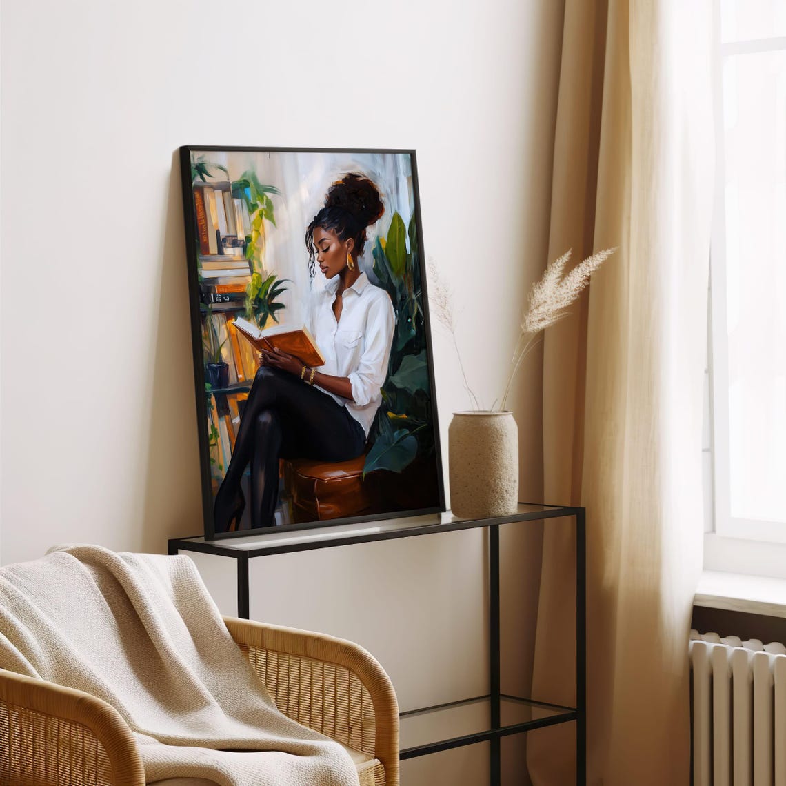 Black Woman With Top Knot Reading In Plant-Filled Library Poster - Image 4