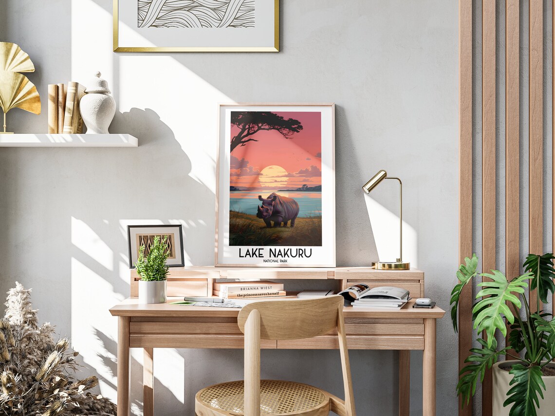 Lake Nakuru Kenya Rhino Sunset Lake Shore Wildlife Travel Poster - Image 3