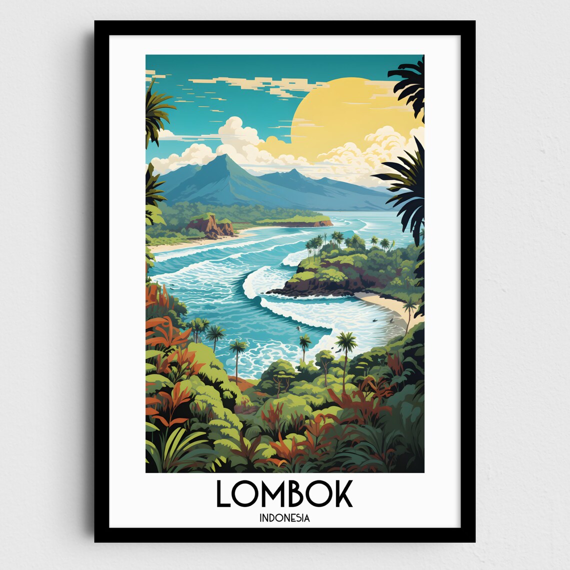 Lombok Indonesia Tropical Bay Surfing Palms Volcano Golden Poster