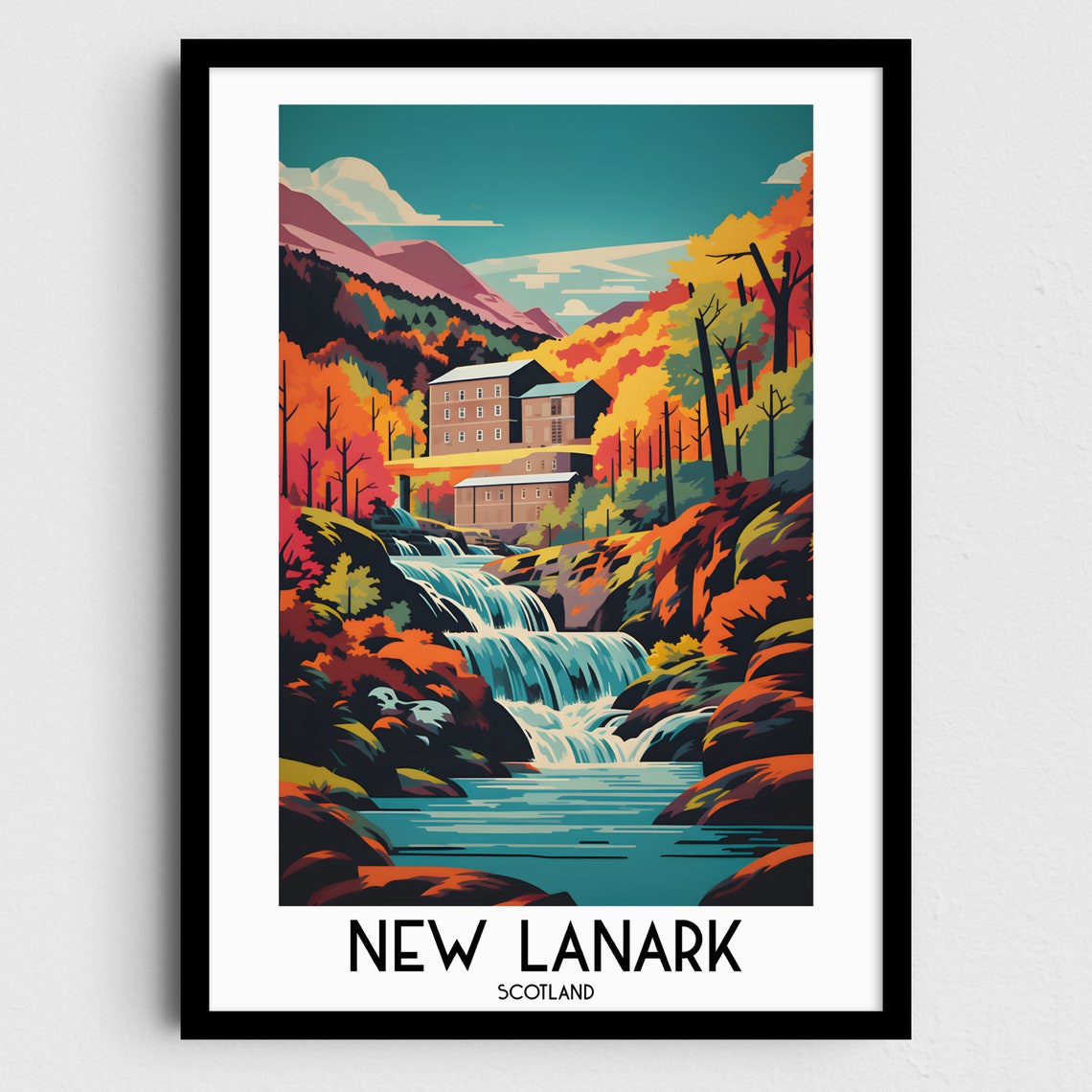 New Lanark Scotland Waterfall Mill Autumn Forest Vintage Travel Poster