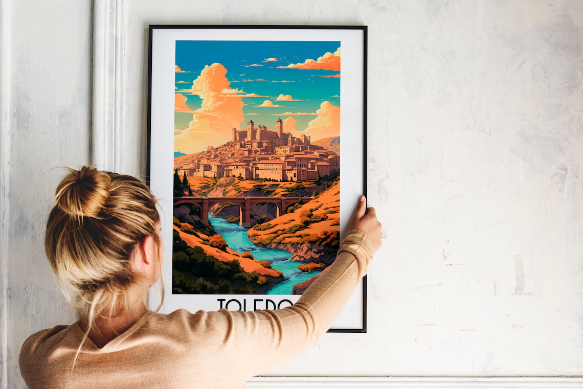 Toledo Spain River Gorge Stone Bridge Alcazar Fortress Travel Poster - Image 2
