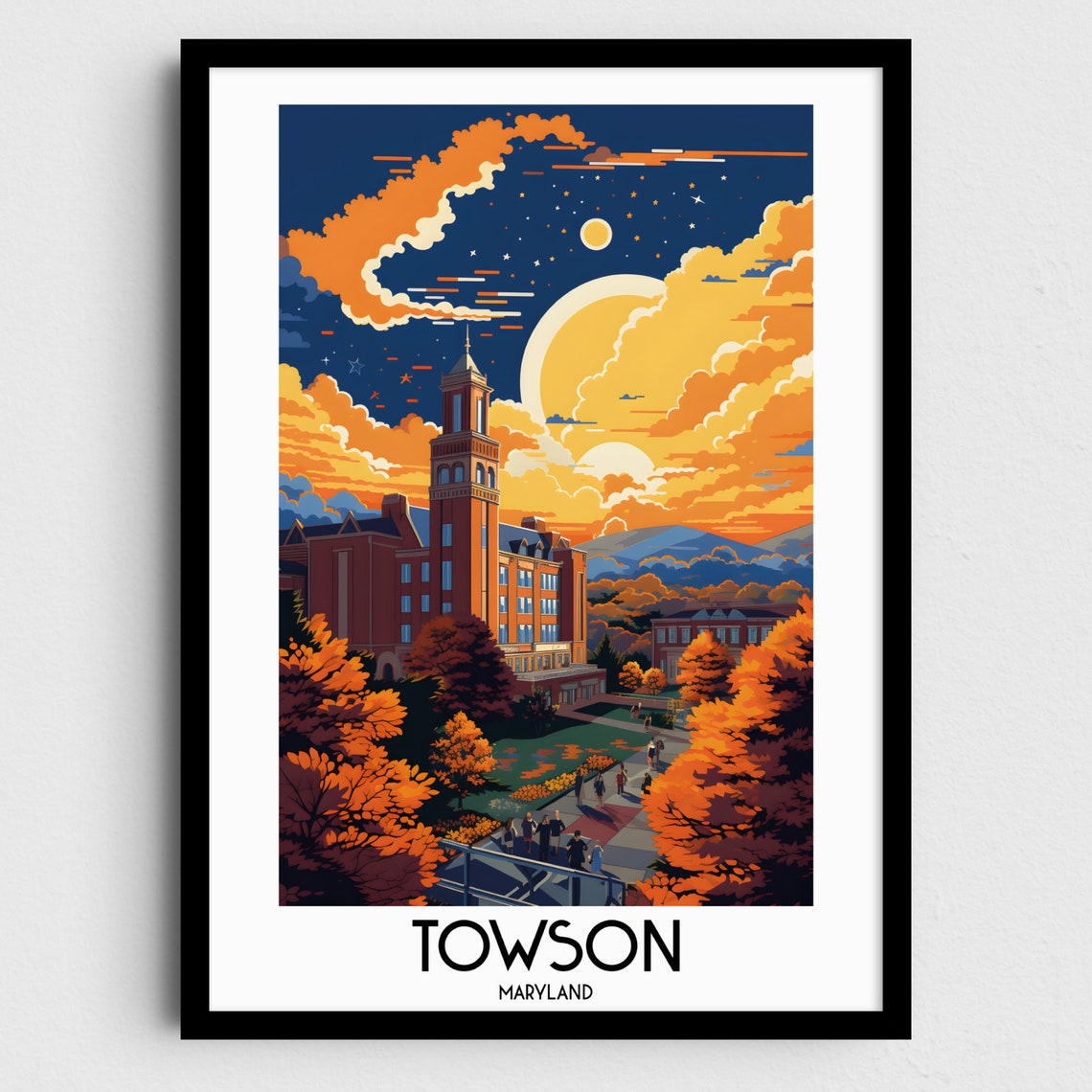 Towson Maryland University Campus Sunset Clock Tower Travel Poster