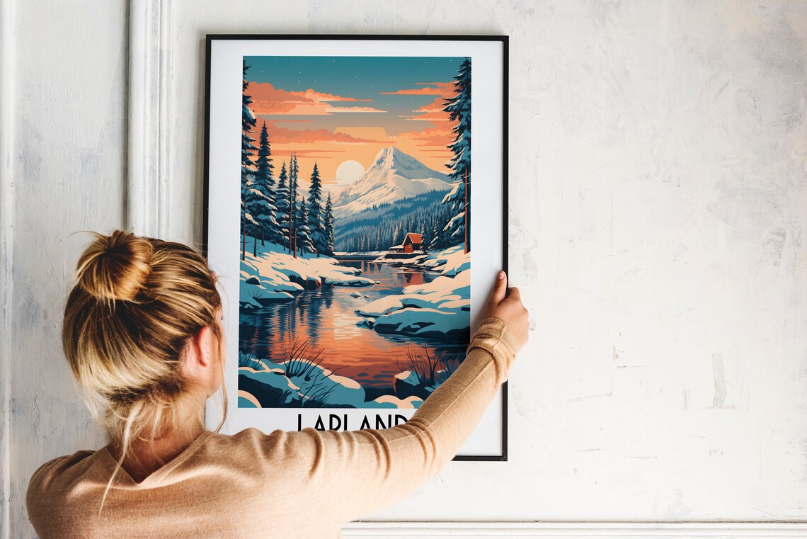 Lapland Finland Snowy River Cabin Mountain Winter Sunset Poster - Image 2