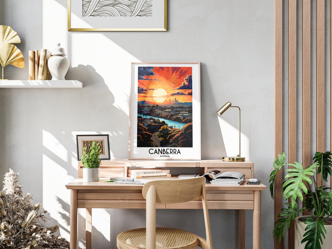 Canberra Golden Sunset Skyline River Australia Vintage Travel Poster - Image 3