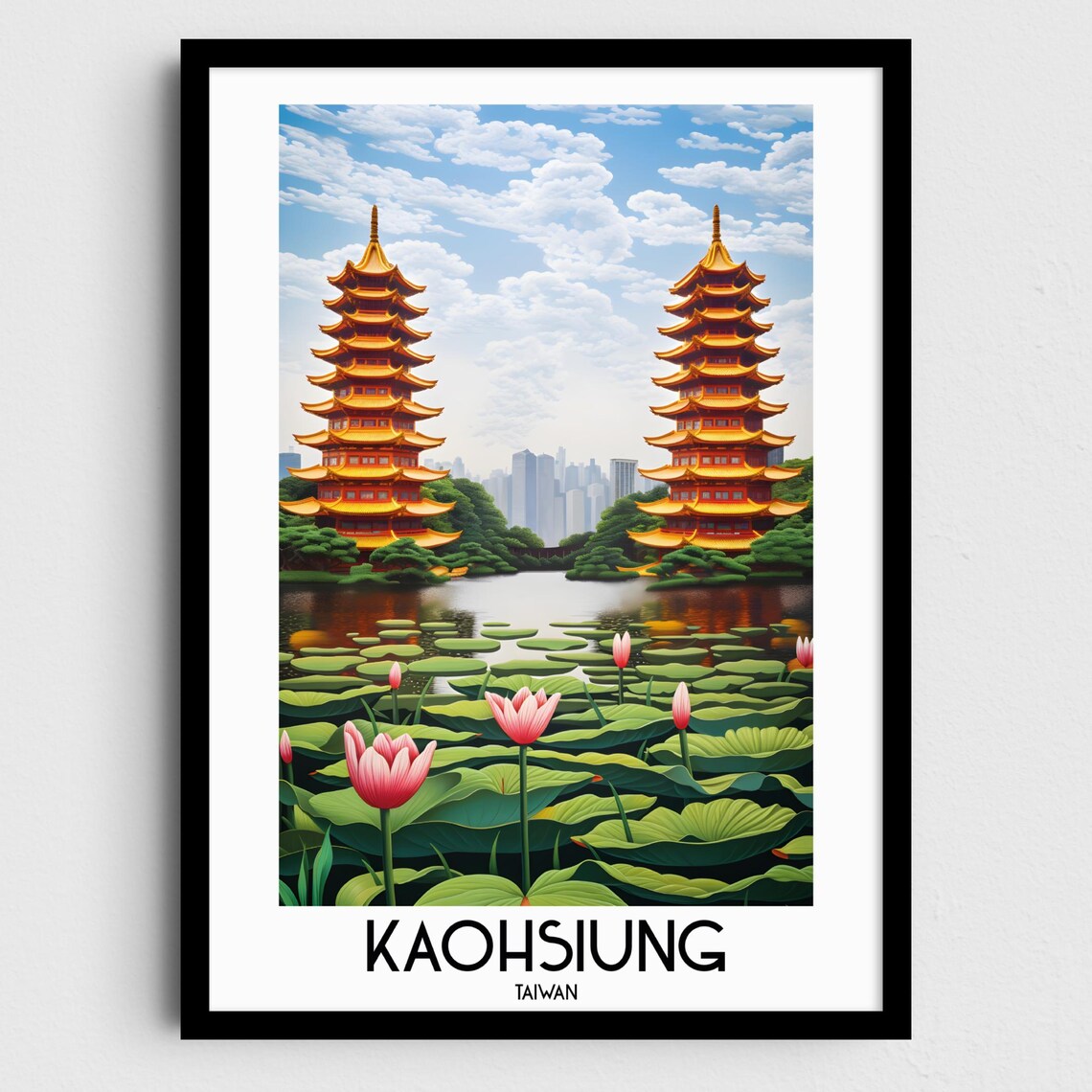 Kaohsiung Taiwan Twin Pagodas Temple Lake Lotus Pond Travel Poster