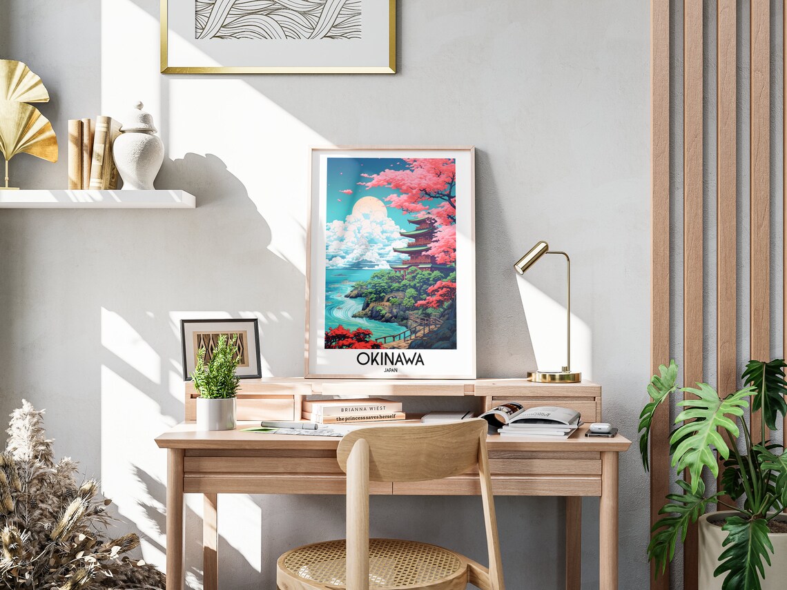 Okinawa Japan Pagoda Cherry Blossom Coast Vintage Travel Poster - Image 3
