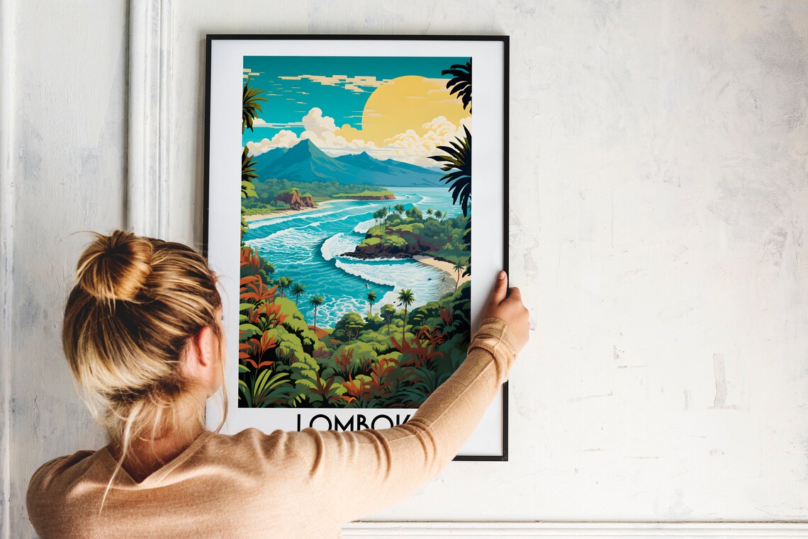 Lombok Indonesia Tropical Bay Surfing Palms Volcano Golden Poster - Image 2