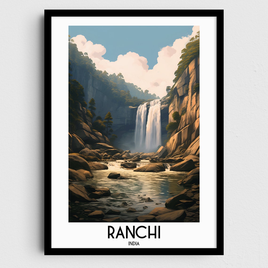 Ranchi India Waterfall Rocky Cliffs River Misty Travel Poster