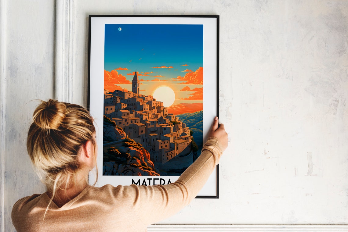 Matera Italy Ancient Stone Cliff Town Sunset Moon View Poster - Image 2