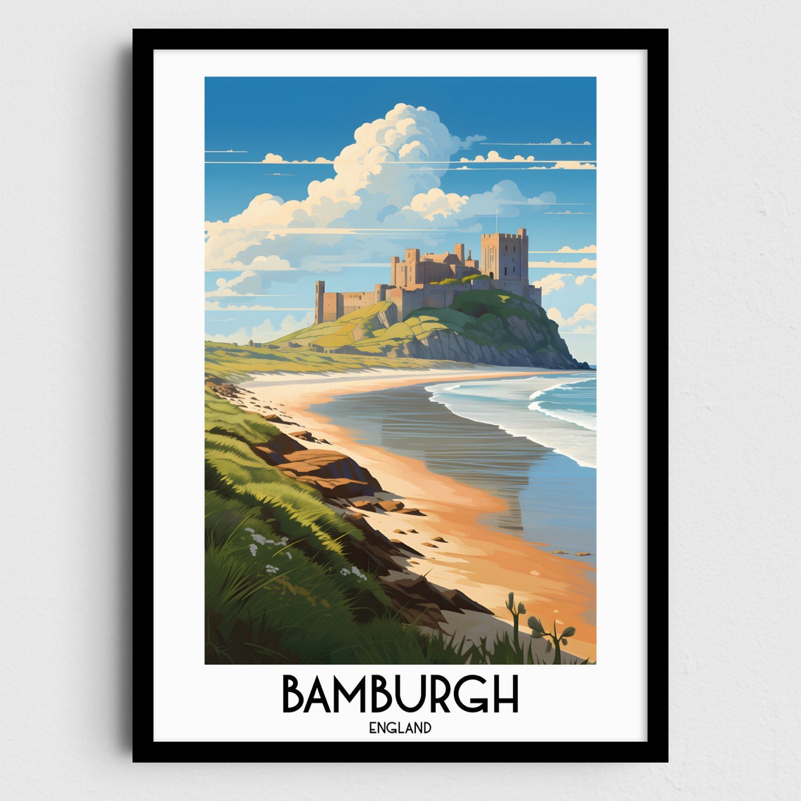 Bamburgh Castle Coastal Beach Scene England Vintage Travel Poster