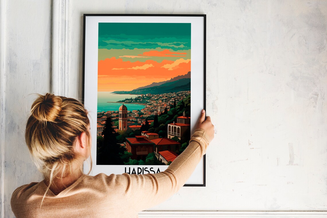 Harissa Lebanon Coastal Hillside Retro Town Dusk Travel Poster - Image 2