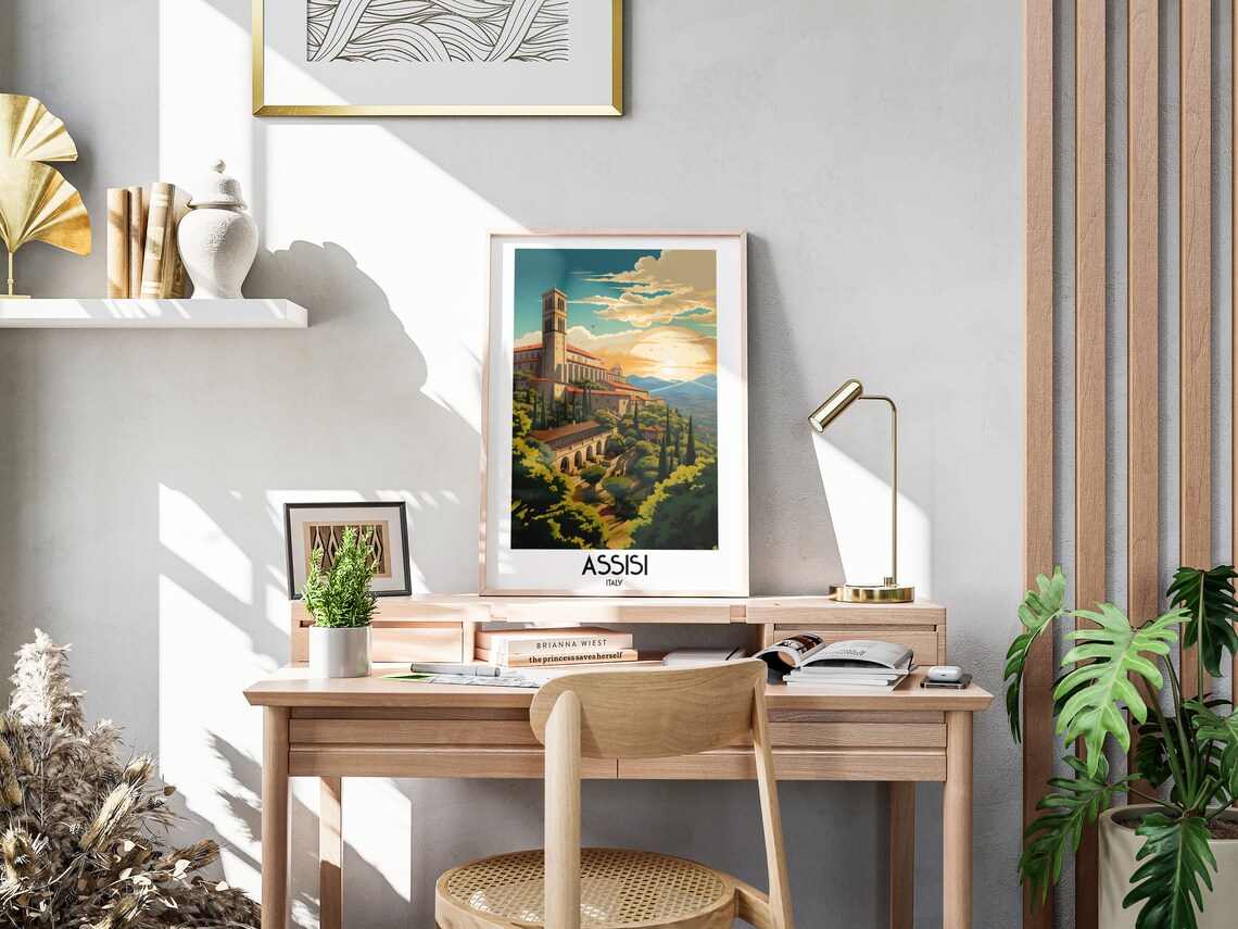 Assisi Italy Hilltop Basilica Sunset Umbrian Hills Travel Poster - Image 3