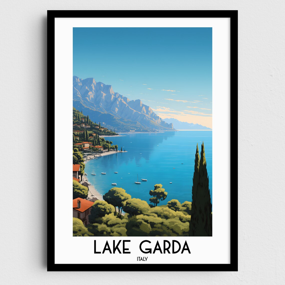 Lake Garda Italy Mountain Lake Cypress Trees Shore Travel Poster
