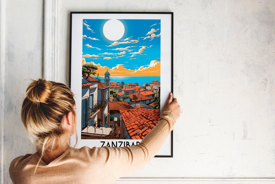Zanzibar Tanzania Stone Town Red Roofs Coastal Sun Travel Poster - Image 2