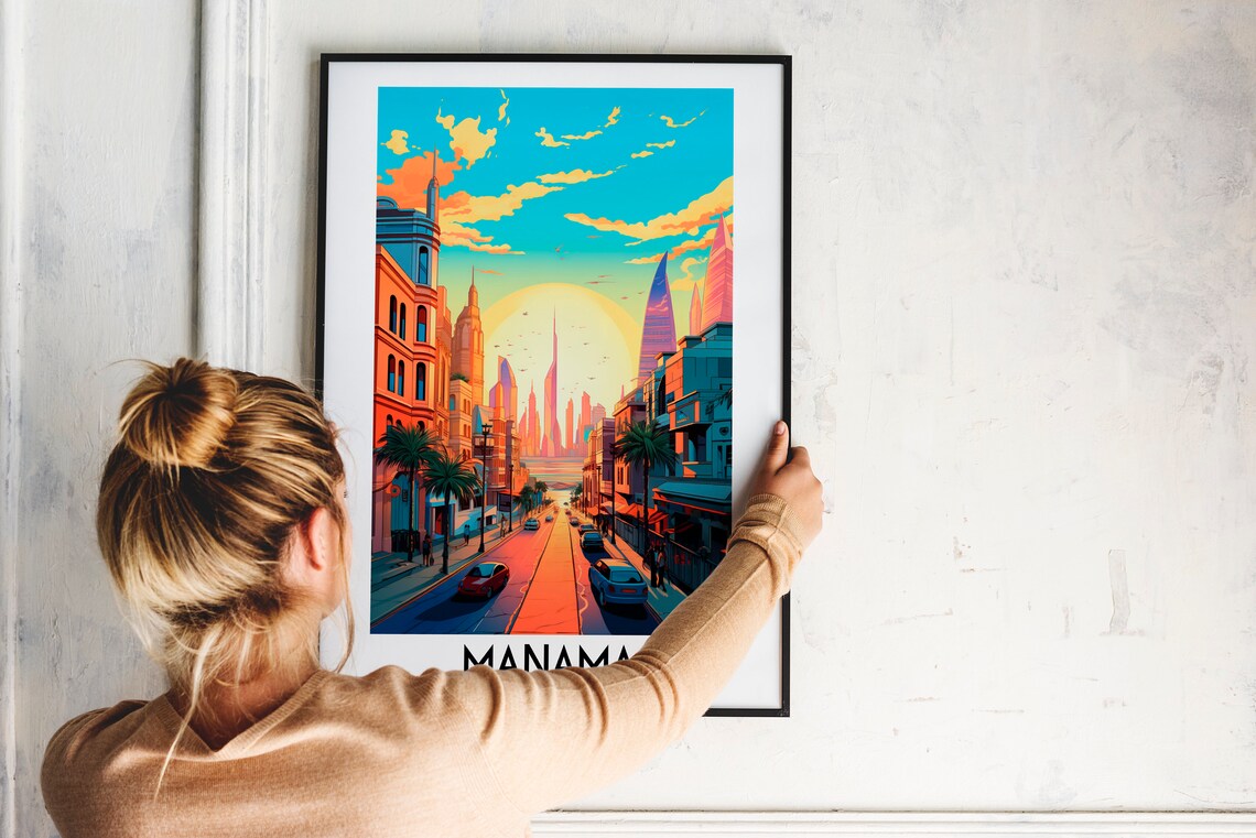 Manama Modern Skyline Sunset Street Bahrain Vintage Travel Poster - Image 2