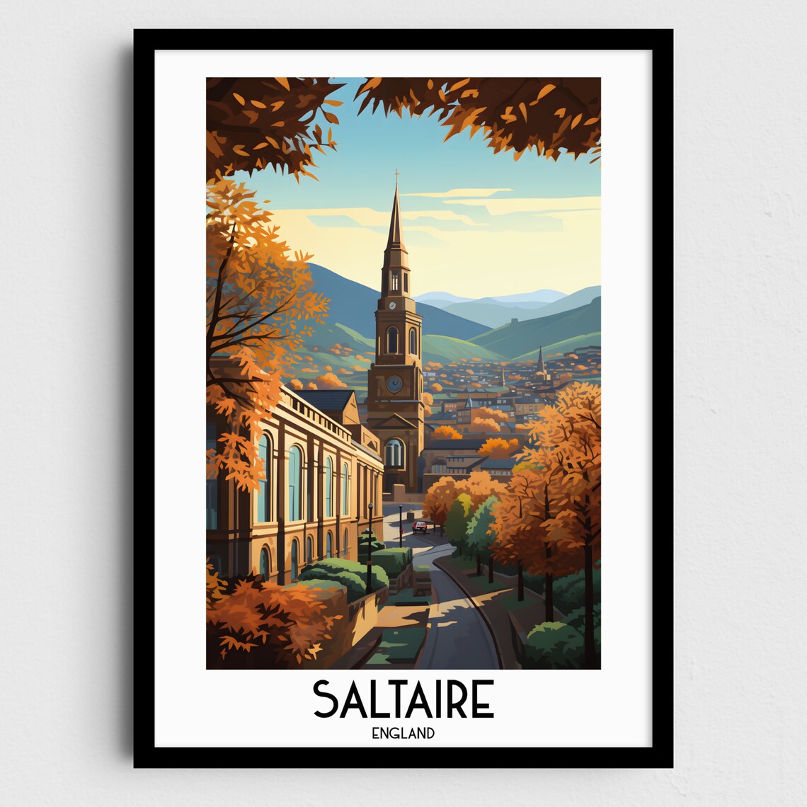 Saltaire England Church Spire Autumn Street Vintage Travel Poster