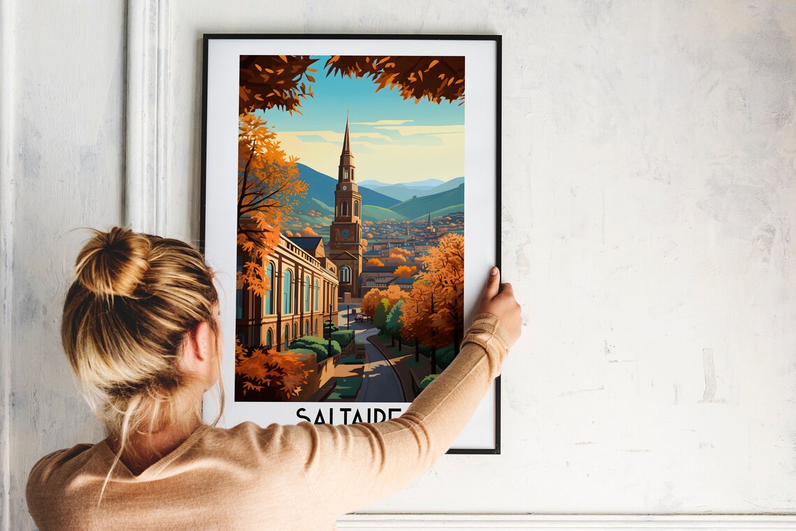 Saltaire England Church Spire Autumn Street Vintage Travel Poster - Image 2