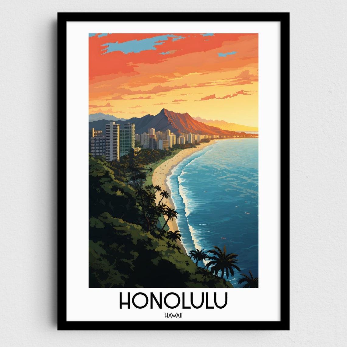 Honolulu Hawaii Diamond Head Waikiki Beach Sunset Surf Poster