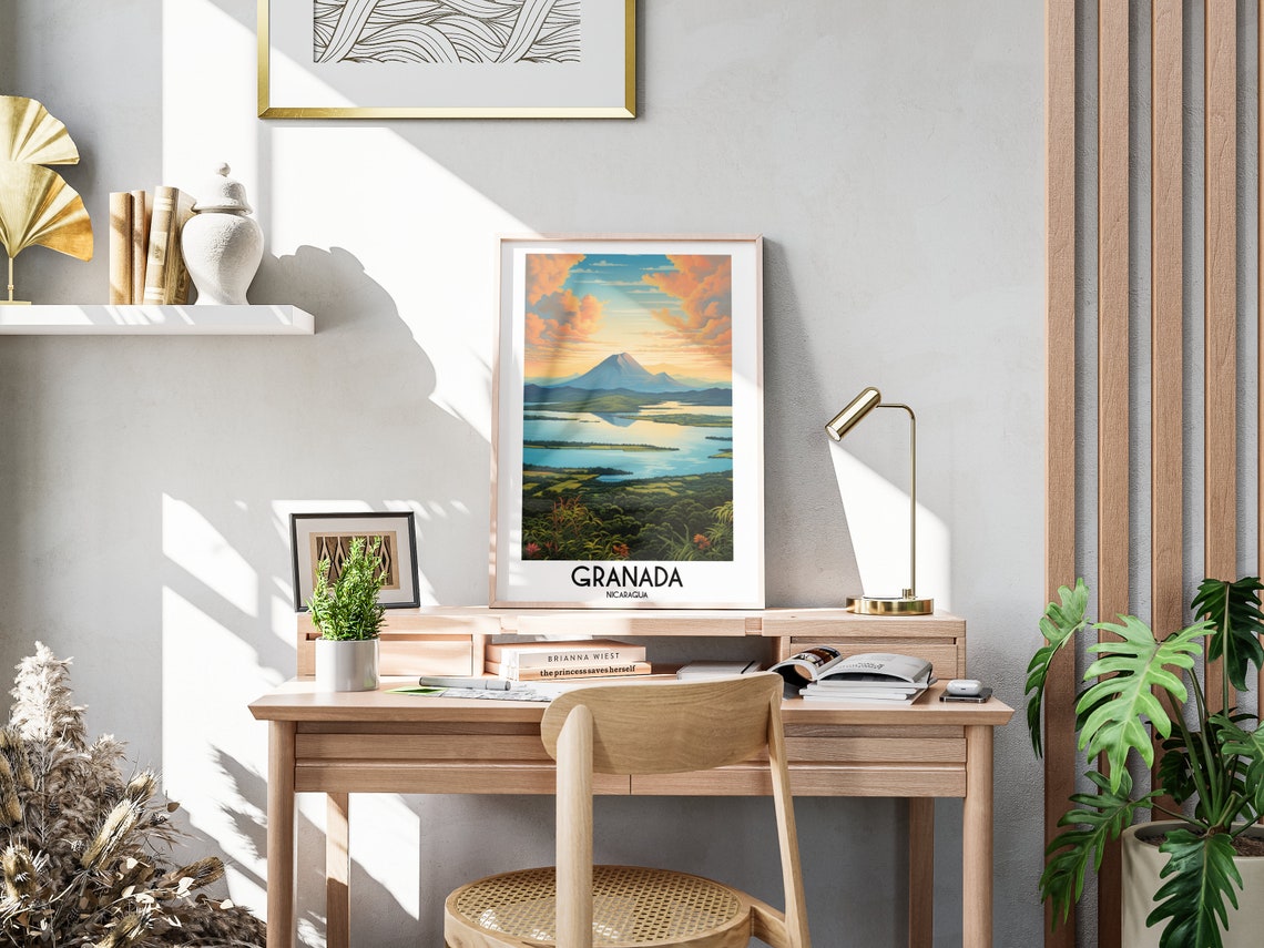Granada Nicaragua Volcano Lake Sunset Retro Travel Poster Art - Image 3