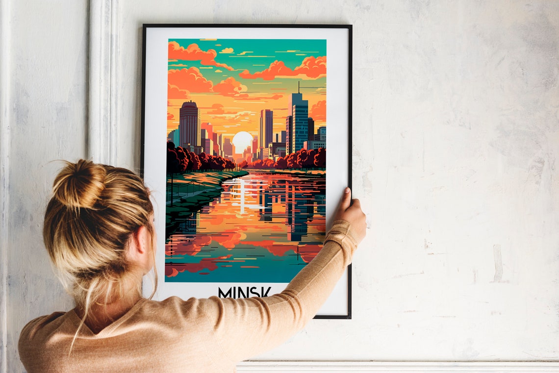 Minsk River Reflection Sunset Skyline Belarus Vintage Travel Poster - Image 2