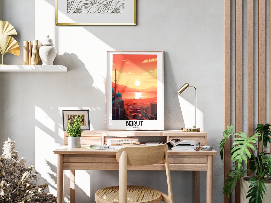 Beirut Lebanon Mosque Seaside Sunset Skyline Vintage Travel Poster - Image 3