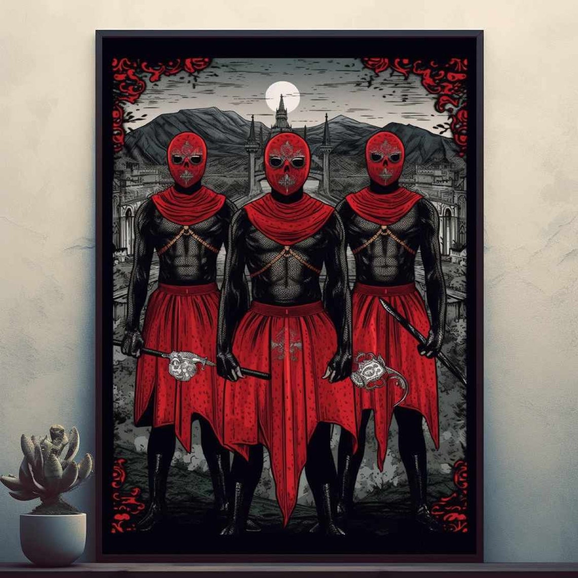 Three Red Masked Warriors Dark Gothic Fantasy Illustration Poster