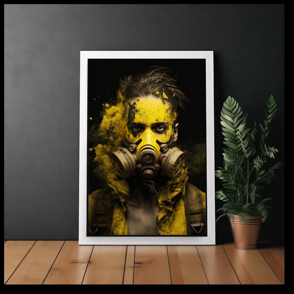 Figure in a Yellow Gas Mask Dystopian Paint Splatter Art Poster