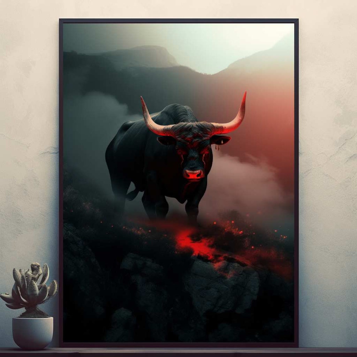 Black Bull with Glowing Crimson Horns in Mountain Mist Poster