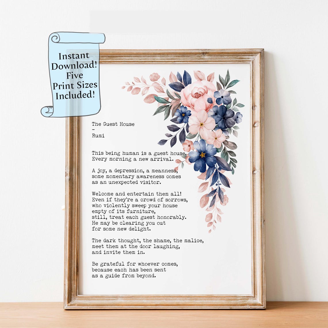 Rumi The Guest House Poem Watercolor Floral Mindfulness Quote Print