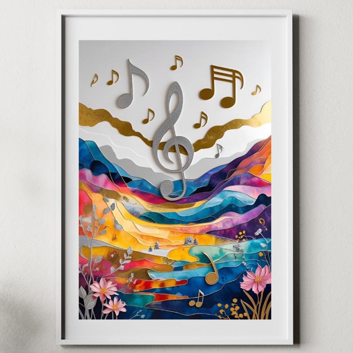 Paper Cut Mountain Landscape with Treble Clef Notes Art Poster