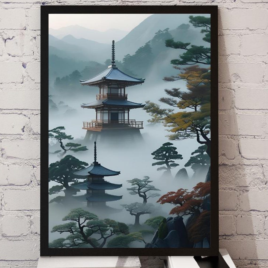 Serene Misty Mountain with Japanese Pagoda Zen Landscape Poster