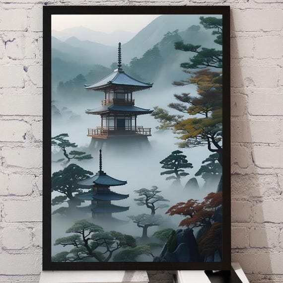 Serene Misty Mountain with Japanese Pagoda Zen Landscape Poster