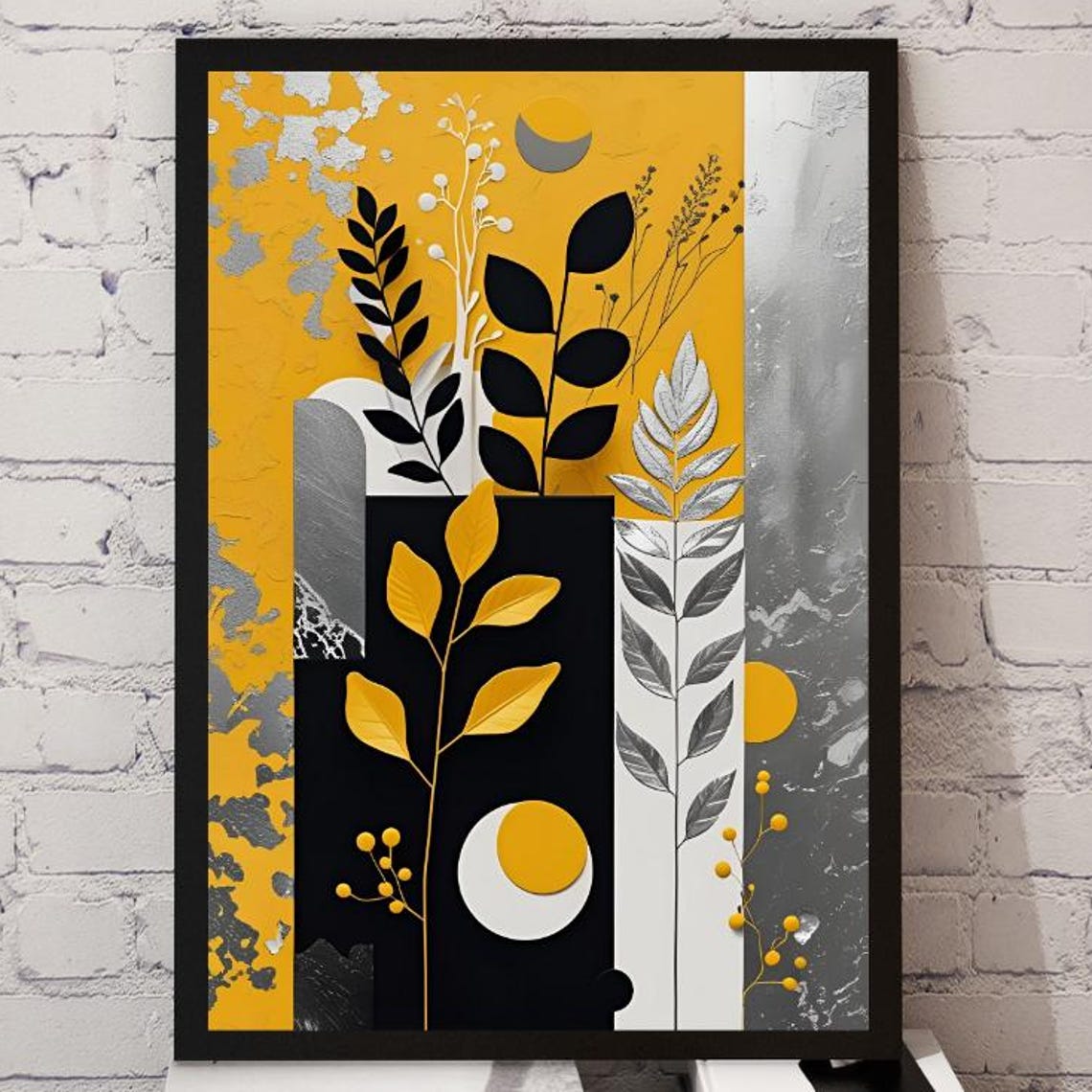 Gold Black Silver Leaf Botanical Geometric Abstract Art Poster