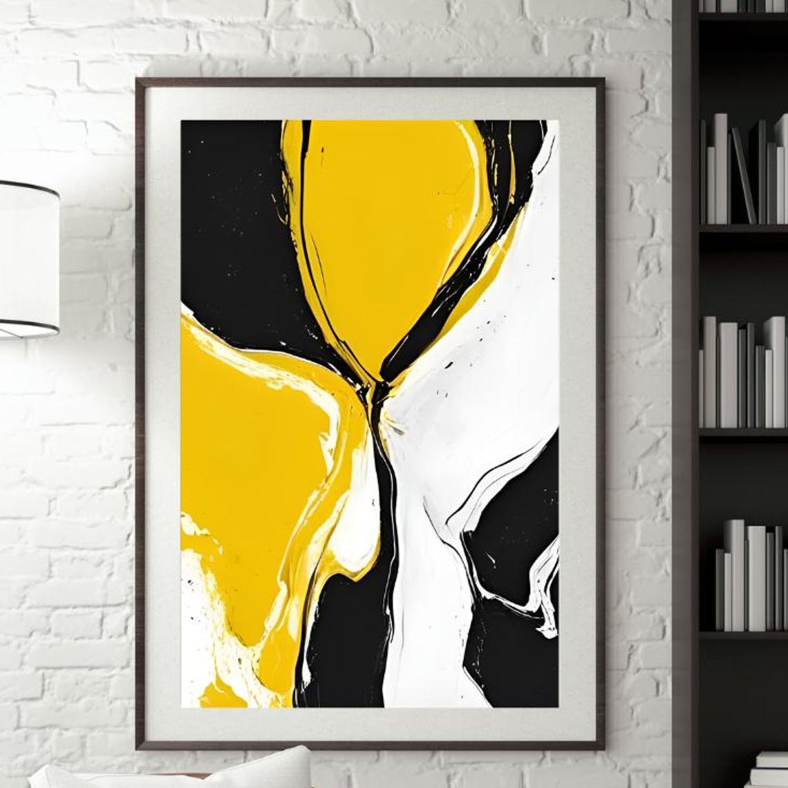 Yellow Black White Fluid Pour Hourglass Shape Abstract Art Poster