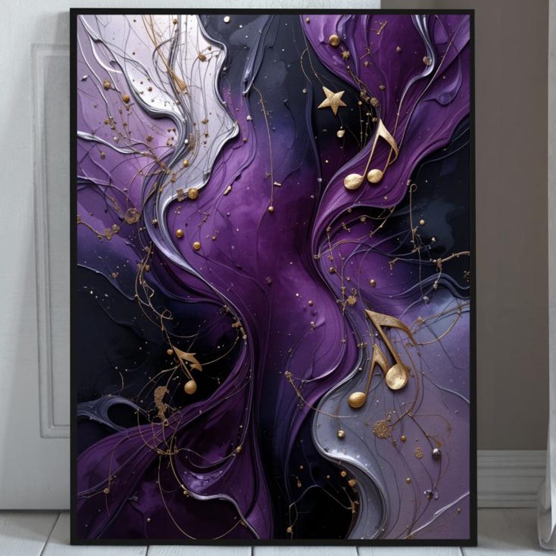 Silky Plum Purple and Gold Flowing Music Notes Abstract Poster