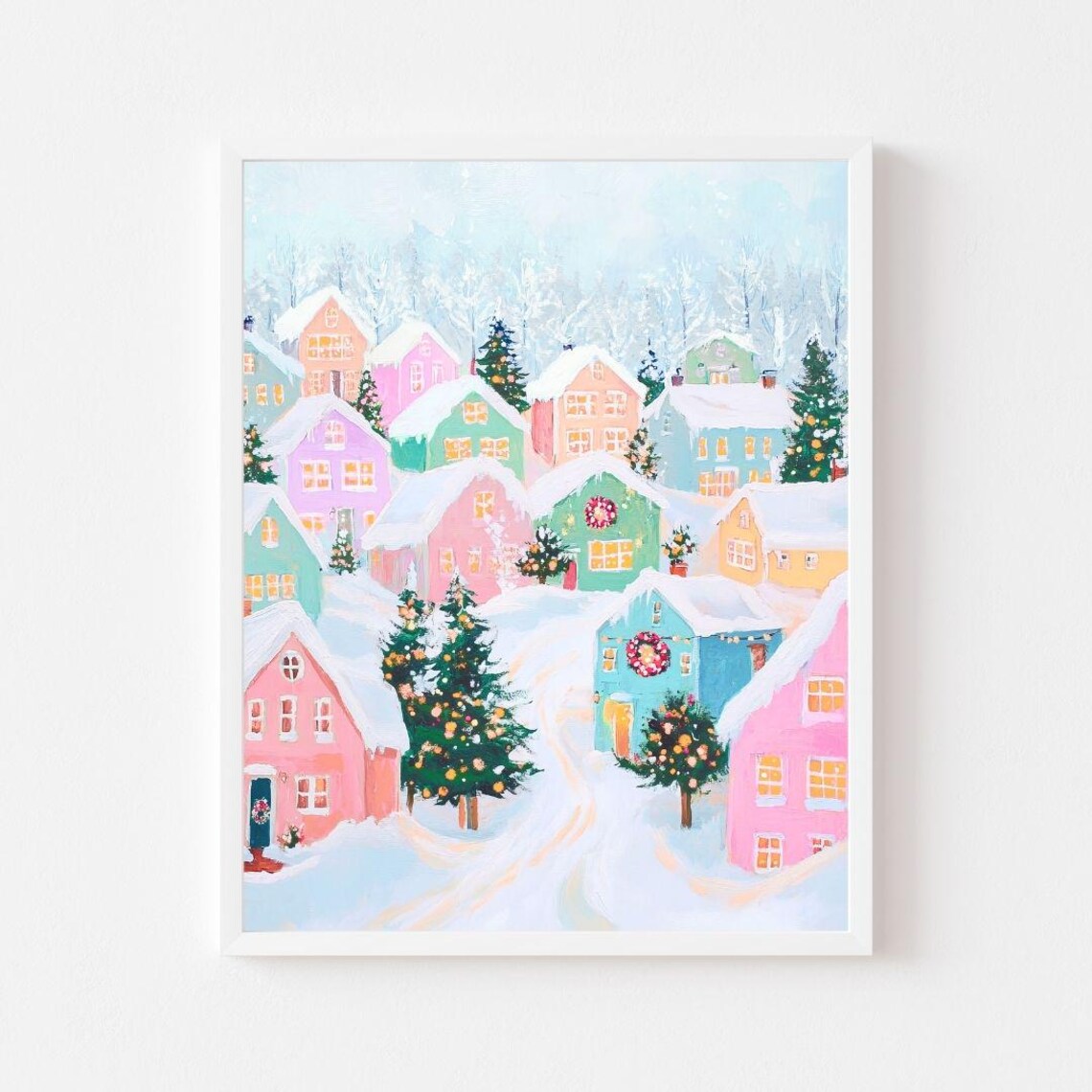 Pastel Christmas Village Painting, Kids Room Poster Print