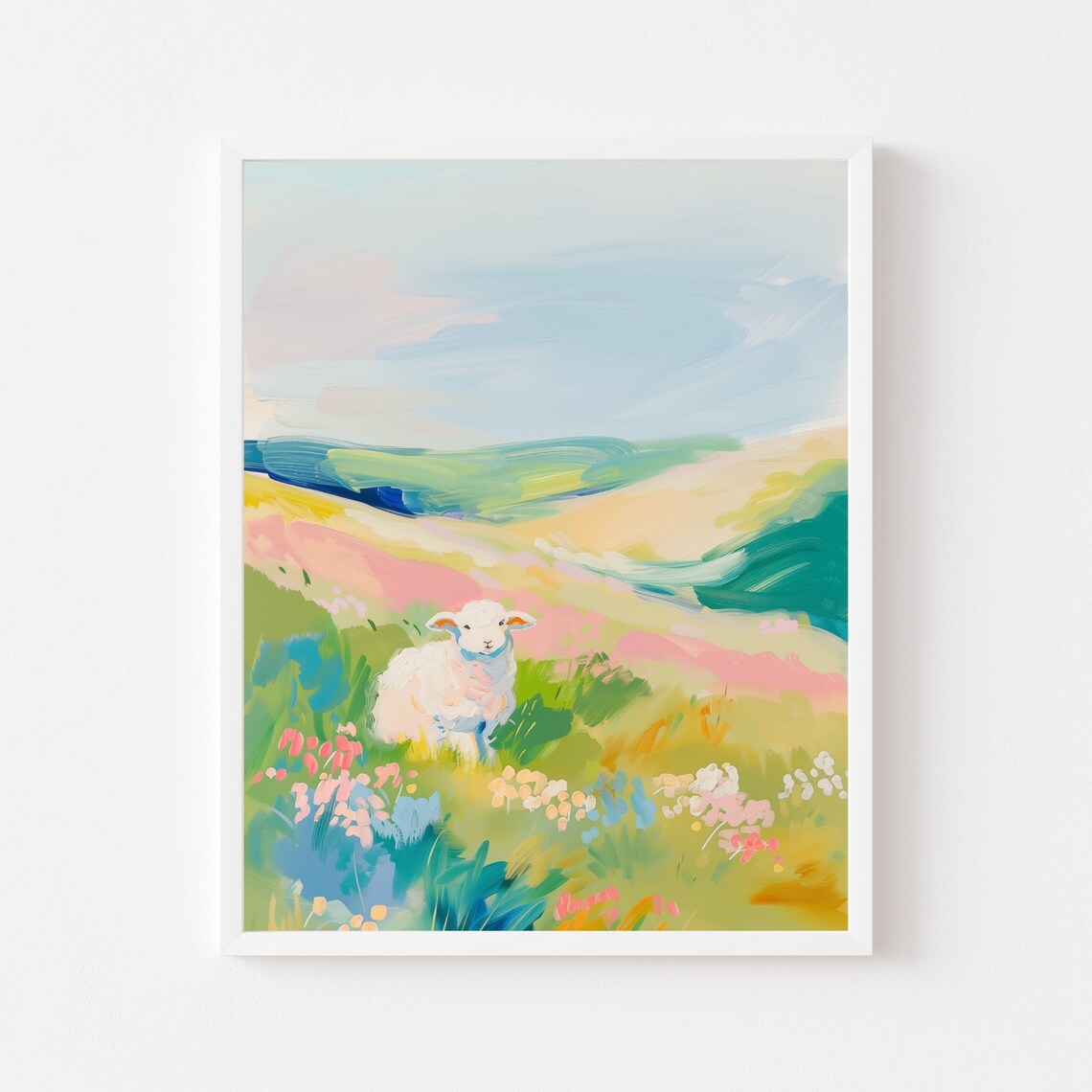 Colorful Easter Lamb Meadow Art Print, Nursery Decor