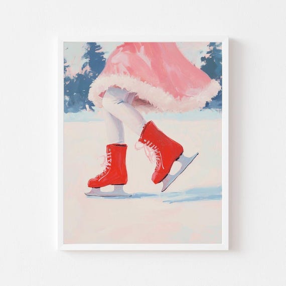 Girl Ice Skating Pink Christmas Red Skates Art Print
