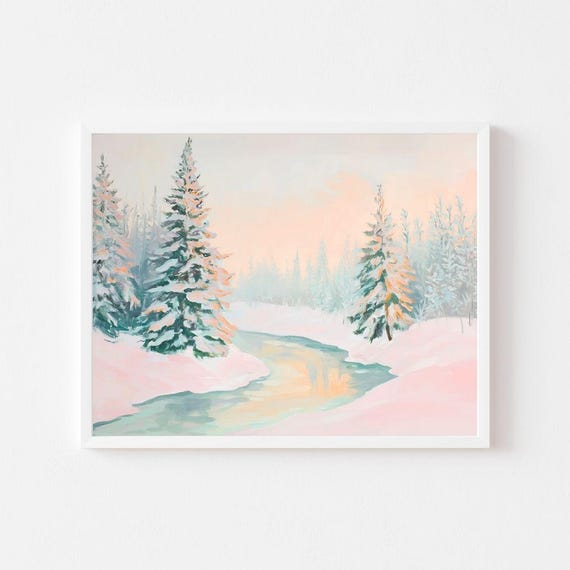 Pastel Winter Forest Painting Pink Green Snowy Trees Wall Art Print Colorful Finland Cold Weather Landscape